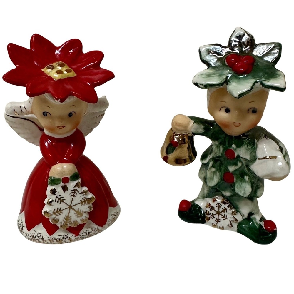 Vintage 1956 Napco Christmas Angel Elf Salt Pepper Shakers Japan Red Green